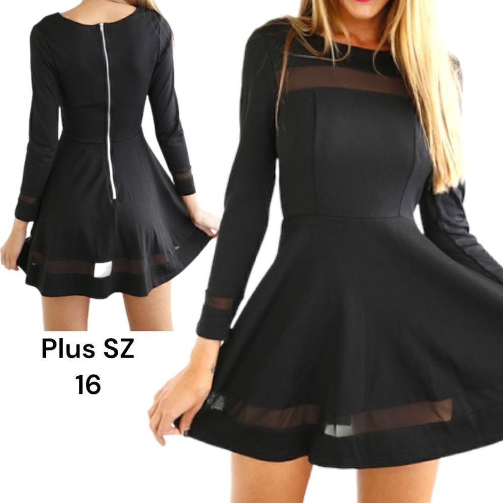 Women’s Plus Size 16 Chiffon Inserts Long Sleeve Mini Skater Dress Black